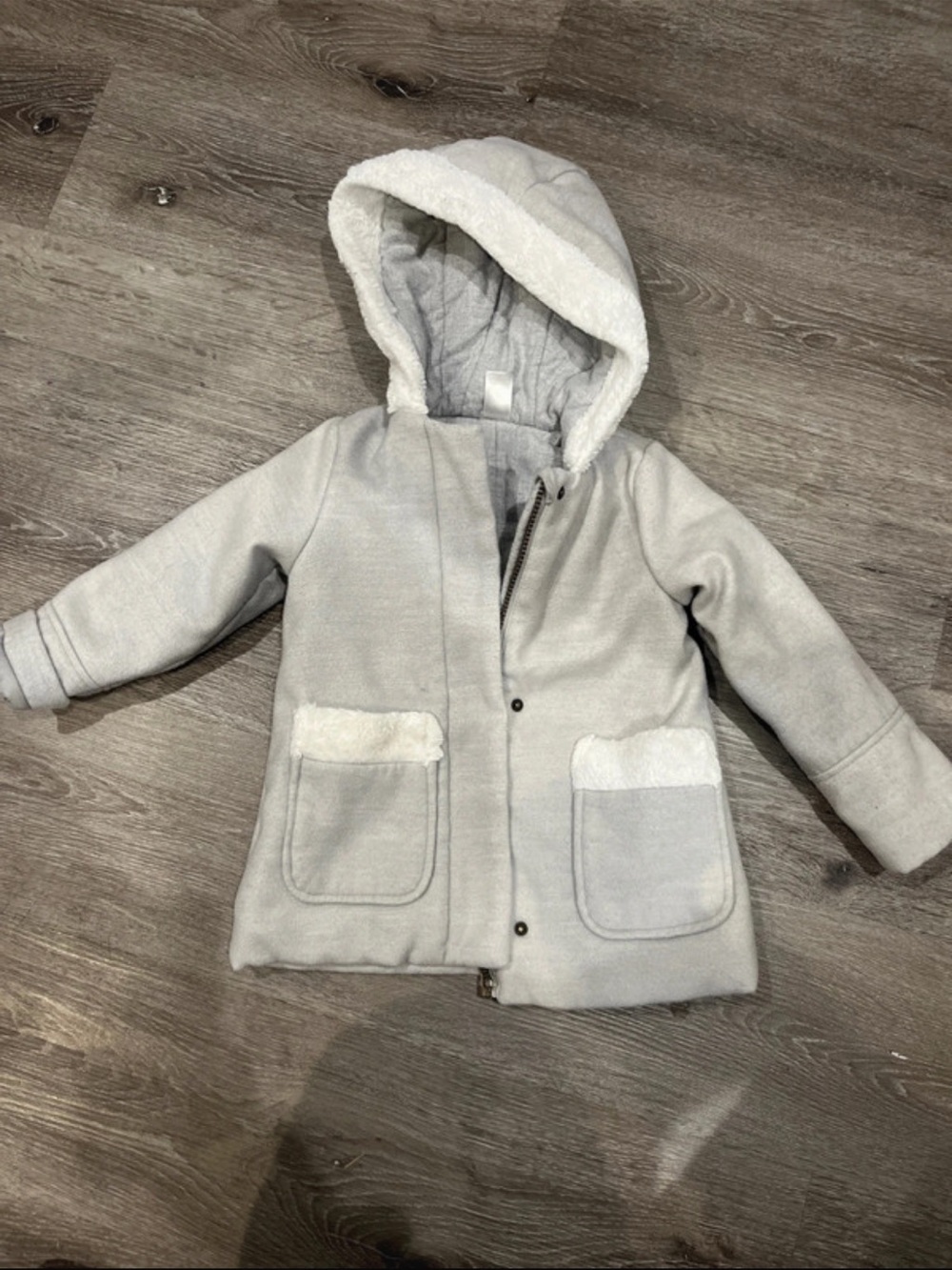 Light Gray Hooded Sherpa-Trim Puffer Jacket for Kids